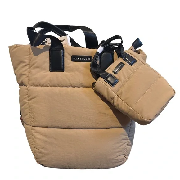 Max Studio Quilted Tote Bag Set โ NWT, Puffer Nylon + Mini Tote, Tan/Black - Picture 1 of 5
